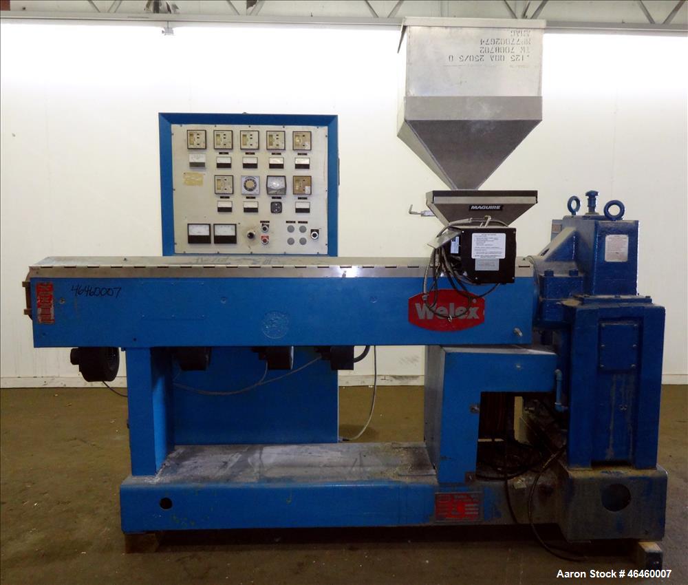 Used Welex 2.5" Single Screw Extruder, Model 250 30:1 VRH. 30 To 1 L/D ratio, electrically heated, air cooled 4 zone non-vented barrel, feed throat with hoppper with Maguire concentrate feeder model ...