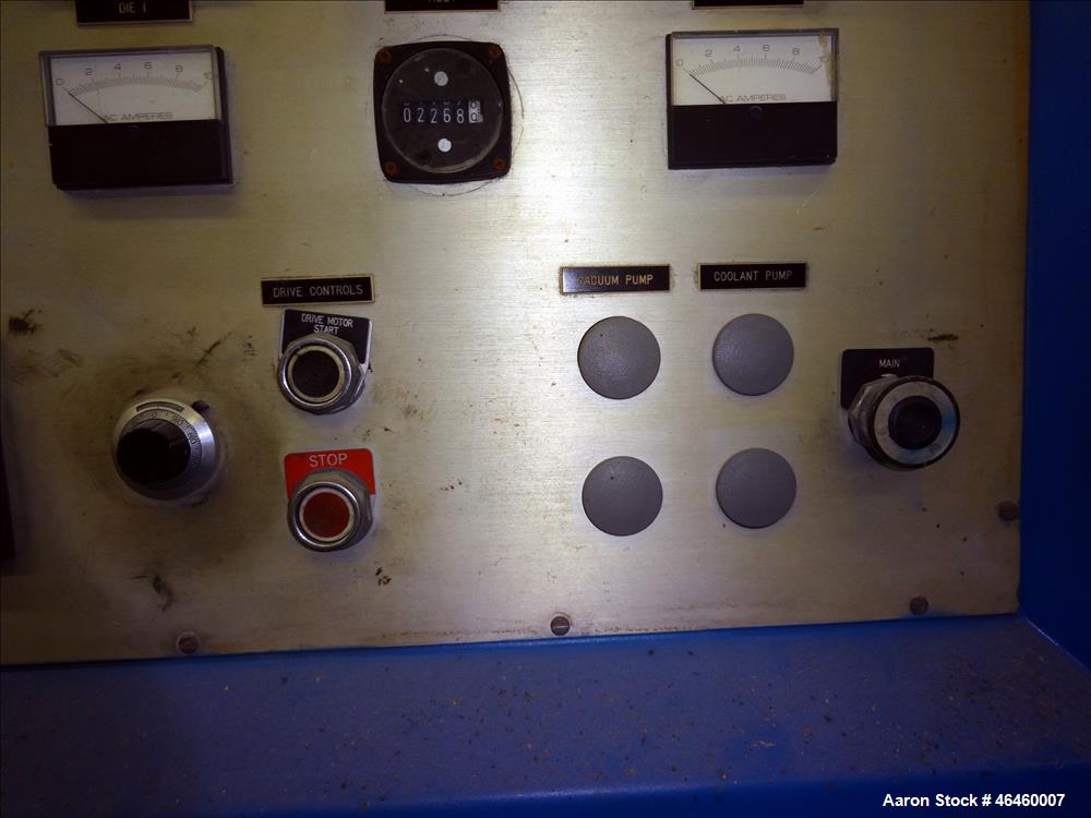 Used Welex 2.5" Single Screw Extruder, Model 250 30:1 VRH. 30 To 1 L/D ratio, electrically heated, air cooled 4 zone non-vented barrel, feed throat with hoppper with Maguire concentrate feeder model ...