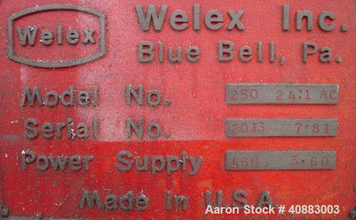 Used Welex 2 1/2" Single Screw Extruder, Model 250, approximately 24 to 1 L/D ratio. Electrically heated, air cooled 3 zone non-vented barrel. Water cooled feed throat, with hopper. Approximately 45"...
