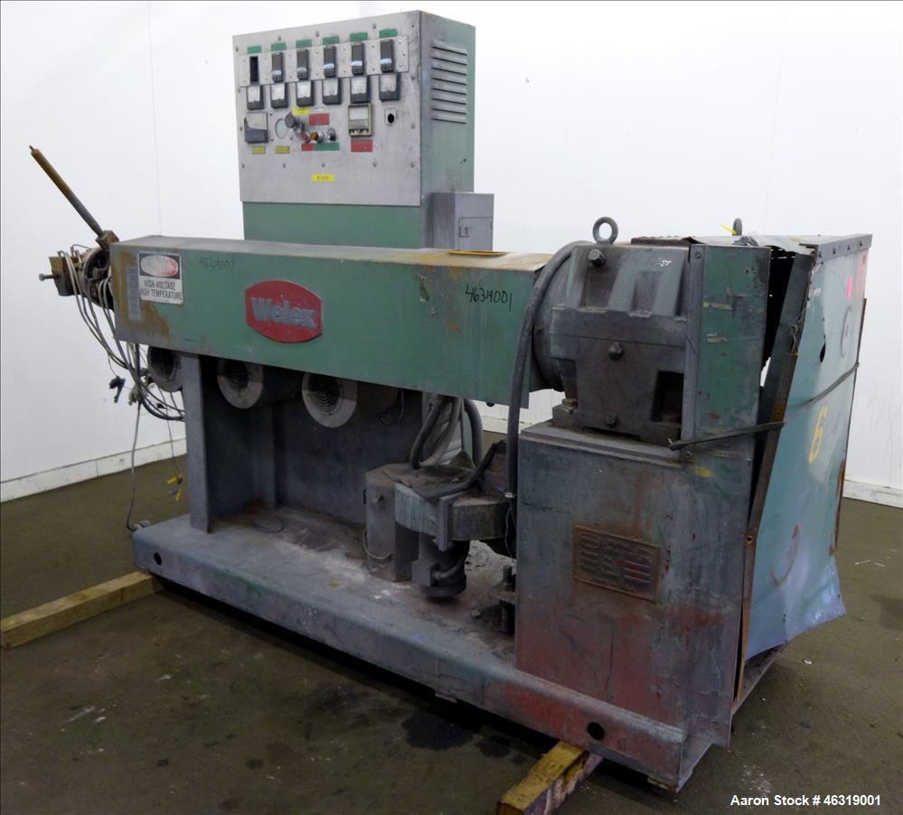 Used Welex 2-1/2" Single Screw Extruder, Model 2.5A.C. Approximately 24 to 1 L/D ratio. Electrically heated, air cooled 3 zone non-vented barrel. Water cooled feed throat, no hopper. Approximately 41...