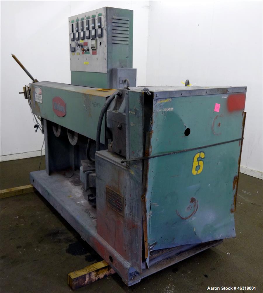 Used Welex 2-1/2" Single Screw Extruder, Model 2.5A.C. Approximately 24 to 1 L/D ratio. Electrically heated, air cooled 3 zone non-vented barrel. Water cooled feed throat, no hopper. Approximately 41...