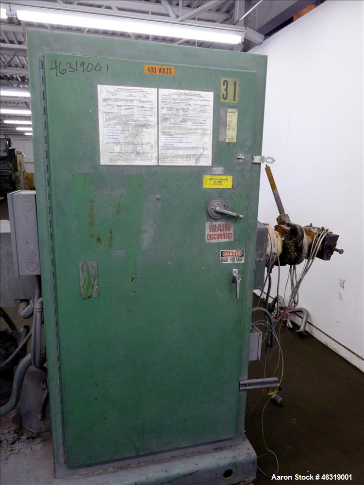 Used Welex 2-1/2" Single Screw Extruder, Model 2.5A.C. Approximately 24 to 1 L/D ratio. Electrically heated, air cooled 3 zone non-vented barrel. Water cooled feed throat, no hopper. Approximately 41...