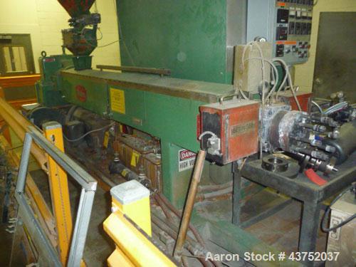 Used Welex 3-1/2" Single Screw Extruder. 30 to 1 L/D ratio. Electrically heated, water cooled non-vented barrel. Driven by an approximately 150 hp DC motor with SCR control. Lufkin change gear reduce...