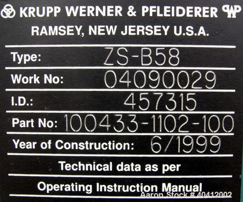 Used Krupp Werner Pfleiderer 58mm twin screw side feeder, model ZS-B58. (2) 2.2" (52mm) side by side screws, top feed, no hopper. Driven by a 7.5 hp, 3/60/230/460 volt, 1770 rpm gearmotor, ratio 6.7 ...