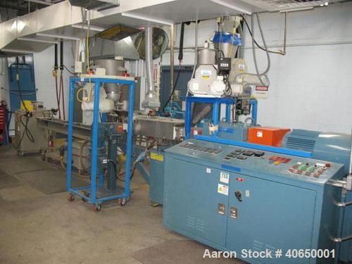 Used Krupp Werner ZSK40 co-rotating twin screw extruder, 40mm screw diameter. (9) nine barrels electrically heated, water cooled. Also includes ZSB side feeder. Unit is driven by a 50 hp AC drive wit...