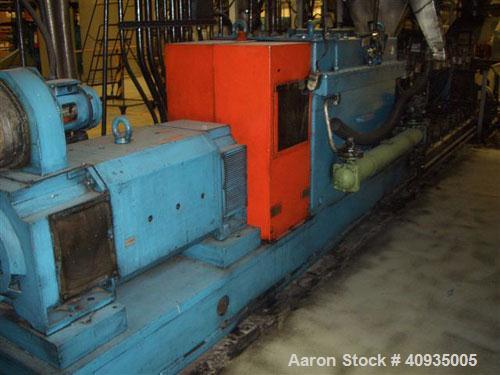 Used Twin Screw Extruder 90/92 mm. 12 barrel design. 4.997 gearbox ratio. 350 rpm output. 400 hp DC/SCR drive. Complete temp control panel. (2) ZSB 70mm side feeders. Multi hole strand die.