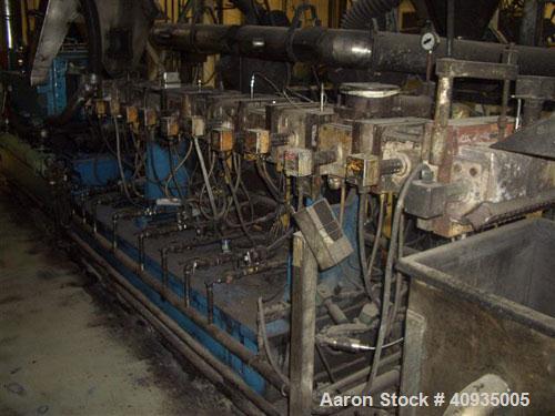 Used Twin Screw Extruder 90/92 mm. 12 barrel design. 4.997 gearbox ratio. 350 rpm output. 400 hp DC/SCR drive. Complete temp control panel. (2) ZSB 70mm side feeders. Multi hole strand die.