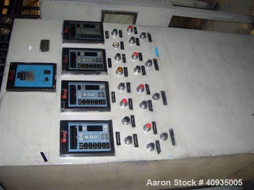 Used Twin Screw Extruder 90/92 mm. 12 barrel design. 4.997 gearbox ratio. 350 rpm output. 400 hp DC/SCR drive. Complete temp control panel. (2) ZSB 70mm side feeders. Multi hole strand die.