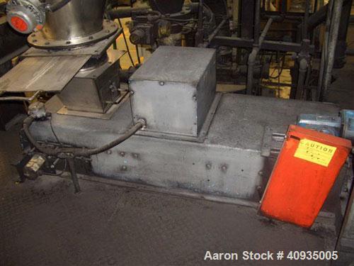 Used Twin Screw Extruder 90/92 mm. 12 barrel design. 4.997 gearbox ratio. 350 rpm output. 400 hp DC/SCR drive. Complete temp control panel. (2) ZSB 70mm side feeders. Multi hole strand die.