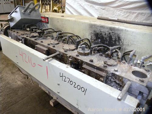 Used APV MP 2000 Series 50mm Twin Screw Extruder, MP 2050. Approximately 25:1 L/D ratio. Co-rotating side by side intermeshing screw design. Top vented electrically heated, water cooled split design ...