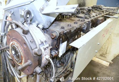 Used APV MP 2000 Series 50mm Twin Screw Extruder, MP 2050. Approximately 25:1 L/D ratio. Co-rotating side by side intermeshing screw design. Top vented electrically heated, water cooled split design ...