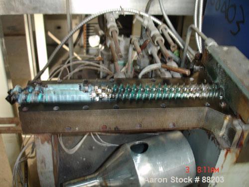 USED: APV 15MM lab size twin screw extruder, model MP2015. Co-rotating screw design. Electrically heated, water cooled barrel. Feed hopper with an accurate feeder. Driven by a 3/4 hp, 90 volt, 1725 r...