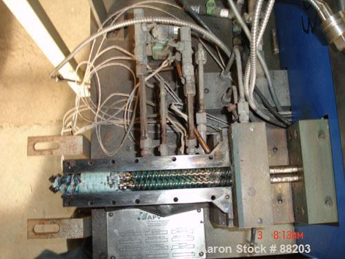 USED: APV 15MM lab size twin screw extruder, model MP2015. Co-rotating screw design. Electrically heated, water cooled barrel. Feed hopper with an accurate feeder. Driven by a 3/4 hp, 90 volt, 1725 r...