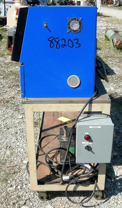 USED: APV 15MM lab size twin screw extruder, model MP2015. Co-rotating screw design. Electrically heated, water cooled barrel. Feed hopper with an accurate feeder. Driven by a 3/4 hp, 90 volt, 1725 r...