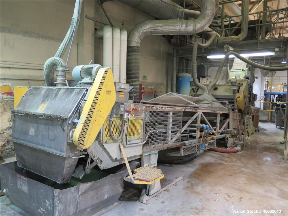 Used APV Baker Perkins 80mm Twin Screw Extruder, Model MP 2080.  DC Motor 150HP.  New PIV gearbox.  Includes; Schenck Accurate 902M Series Feeder, Steel Belt Systems Cooling Belt, Controls and Drive ...