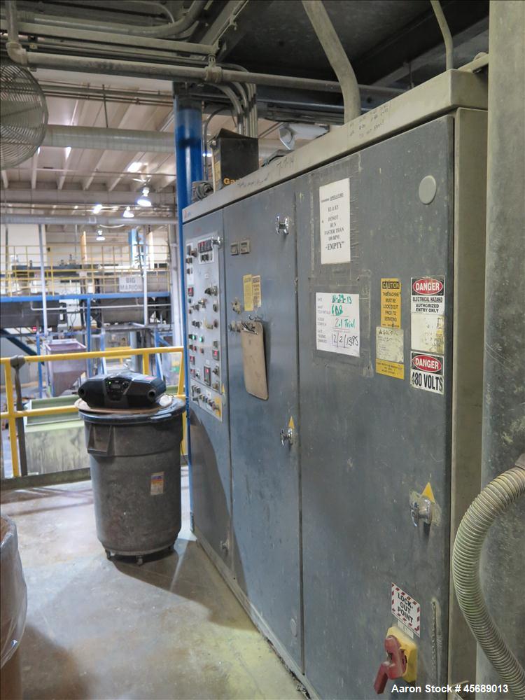 Used APV Baker Perkins 80mm Twin Screw Extruder, Model MP 2080.  DC Motor 150HP.  New PIV gearbox.  Includes; Schenck Accurate 902M Series Feeder, Steel Belt Systems Cooling Belt, Controls and Drive ...