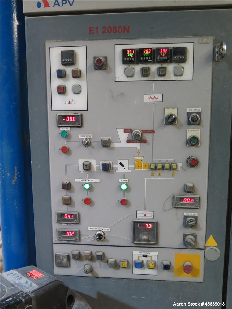 Used APV Baker Perkins 80mm Twin Screw Extruder, Model MP 2080.  DC Motor 150HP.  New PIV gearbox.  Includes; Schenck Accurate 902M Series Feeder, Steel Belt Systems Cooling Belt, Controls and Drive ...