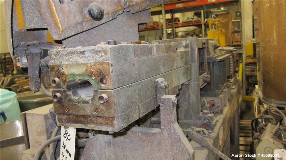Used APV Baker Perkins 30mm Twin Screw Extruder, Model MP30PC.  17.5:1 L/D Ratio.  Typical Outputs 100-200 kg/h.