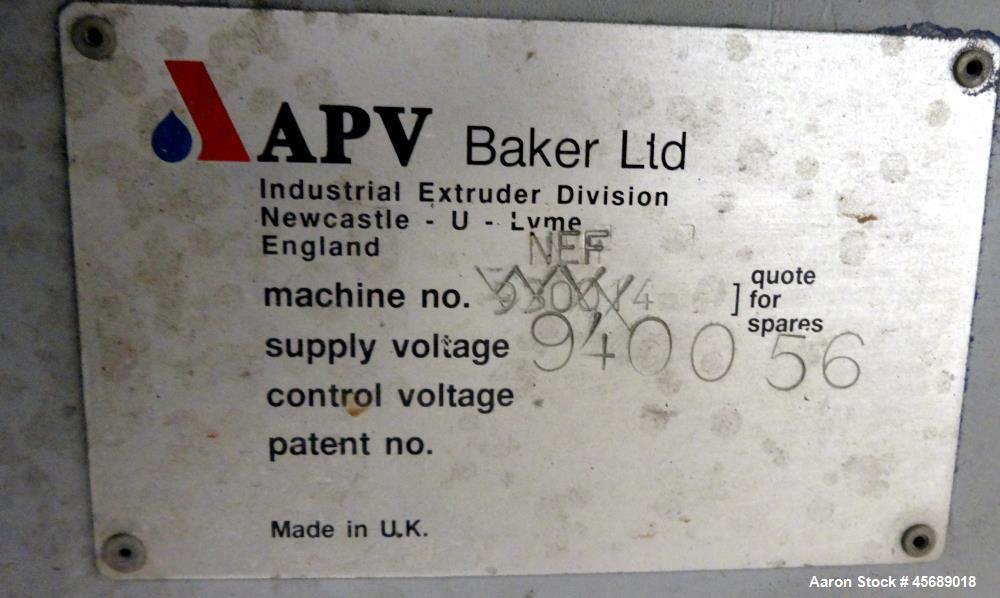 Used APV Baker Perkins 30mm Twin Screw Compounder Extruder, Model MP30. Approximate 15 to 1 L/D ratio. Co-rotating screw design. Clamshell design, 3 zone electrically heated, liquid cooled barrel. Wa...