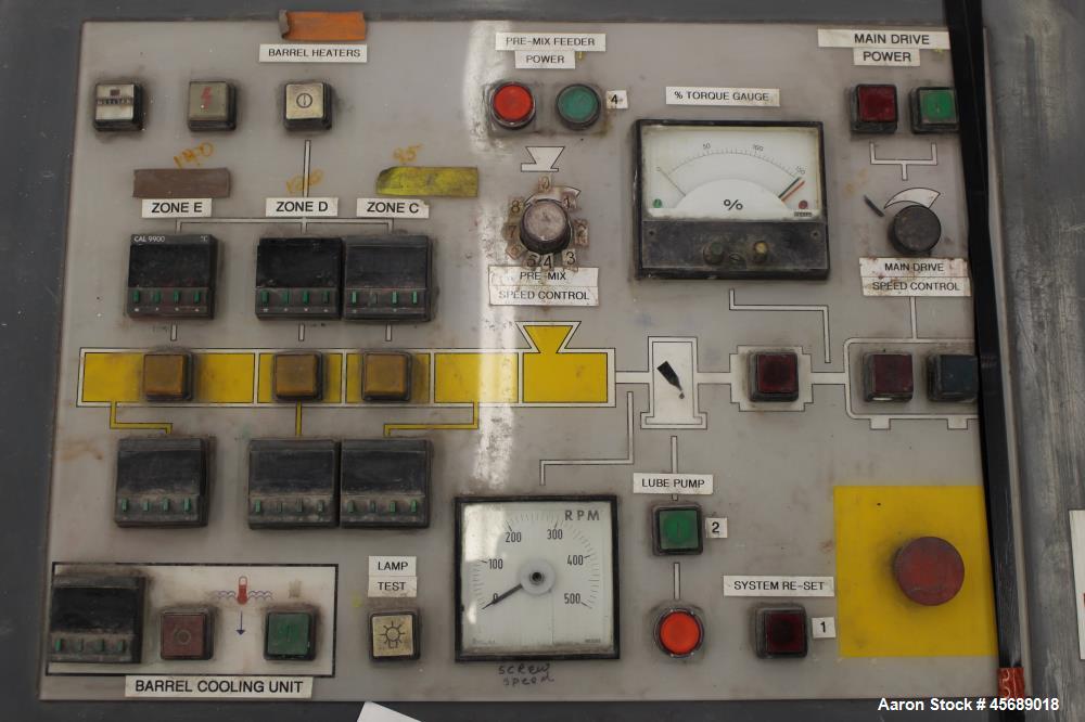 Used APV Baker Perkins 30mm Twin Screw Compounder Extruder, Model MP30. Approximate 15 to 1 L/D ratio. Co-rotating screw design. Clamshell design, 3 zone electrically heated, liquid cooled barrel. Wa...