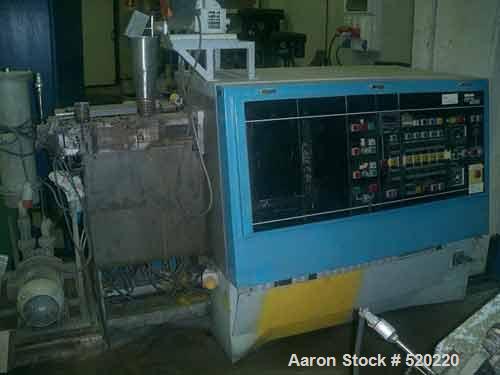 USED: APV lab size twin screw extruder, 30mm, 15:1 L/D. 1.17" diameterx 17.6" long (30mm diameter x 450mm long) screws. Screw speed 0-500 rpm via a gearbox by an 11.25 hp/7.5 kw main motor. Split bar...