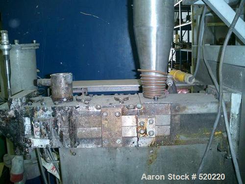 USED: APV lab size twin screw extruder, 30mm, 15:1 L/D. 1.17" diameterx 17.6" long (30mm diameter x 450mm long) screws. Screw speed 0-500 rpm via a gearbox by an 11.25 hp/7.5 kw main motor. Split bar...