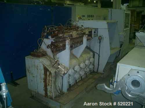 USED: APV twin screw extruder, 50mm, 25:1 L/D. 1.95" diameter x 48.75" long (50mm diameter x 1250mm long) screws. Screw speed 0-400 rpm via a gearbox by a 45 hp/30 kw main AC motor. Split barrel desi...