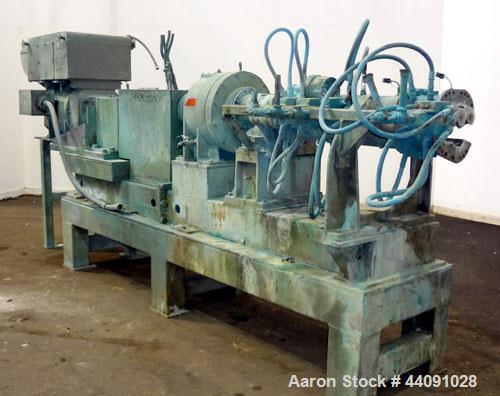Used Baker Perkins 125mm MP Series Twin Screw Extruder. Approximate L/D ratio. Co-rotating screw design. Clamshell design liquid heated, and cooled barrel. Feed section, no hopper. Approximate 55-1/2...