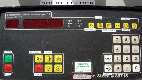 Used Baker Perkins Twin Screw Extruder, 50 MM Screw Diameter, Model MP2050. Approximate 25:1 L/D ratio. Co-rotating screw design. Clamshell design, 5 zone electrically heated, water cooled barrel sec...