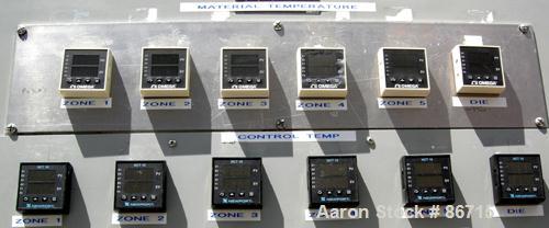 Used Baker Perkins Twin Screw Extruder, 50 MM Screw Diameter, Model MP2050. Approximate 25:1 L/D ratio. Co-rotating screw design. Clamshell design, 5 zone electrically heated, water cooled barrel sec...