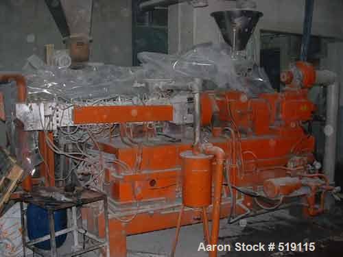 USED: Baker Perkins twin screw extruder, type MPC/V 80. 16:1 L/D,1.9" (50mm) diameter x 31.2" (800mm) long co-rotating screws.Electrically heated, water cooled. Driven by a Bull type 200/326 MK275 hp...