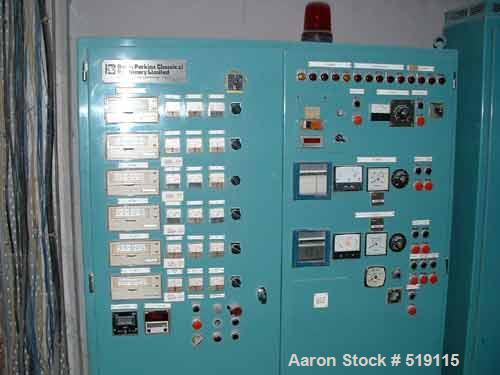USED: Baker Perkins twin screw extruder, type MPC/V 80. 16:1 L/D,1.9" (50mm) diameter x 31.2" (800mm) long co-rotating screws.Electrically heated, water cooled. Driven by a Bull type 200/326 MK275 hp...