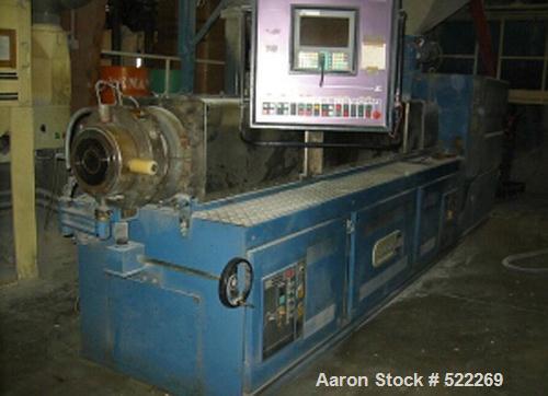 USED: Bausano twin screw extruder, type MD2-125B-21-KH. 125 mm diameter (4.9"), 21:1 L/D. Max screw speed 42 rpm via a gearbox by a 4x33 hp/22 kw, 380 volt/50 cycle/3 ph motor. Electrically heated, w...