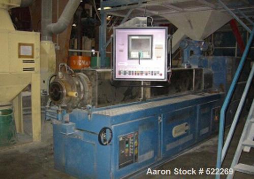 USED: Bausano twin screw extruder, type MD2-125B-21-KH. 125 mm diameter (4.9"), 21:1 L/D. Max screw speed 42 rpm via a gearbox by a 4x33 hp/22 kw, 380 volt/50 cycle/3 ph motor. Electrically heated, w...