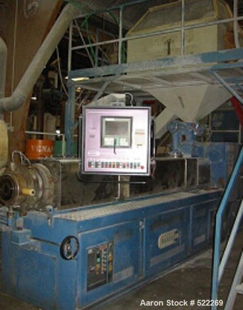 USED: Bausano twin screw extruder, type MD2-125B-21-KH. 125 mm diameter (4.9"), 21:1 L/D. Max screw speed 42 rpm via a gearbox by a 4x33 hp/22 kw, 380 volt/50 cycle/3 ph motor. Electrically heated, w...