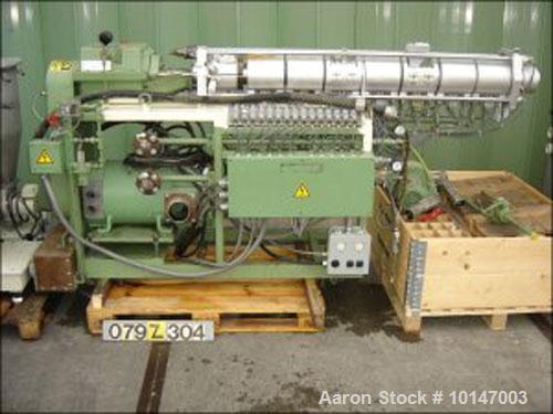Used Berstorff double screw extruder, model ZE-40 A x 38D, serial No. 90-2-EO. 5486/84, new 1985, screw diameter 40mm (1.6"), L/D 38, vented, number of heating zones: 8, electric heating, water cooli...