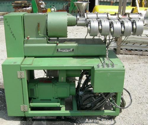 Used Berstorff 25mm Twin Screw Extruder, model ZE25. Co-rotating side by side screw design. Approximately 28 to 1 L/D ratio. 5 barrel sections, electrically heated, air cooled, 1 feed section. 46" ce...