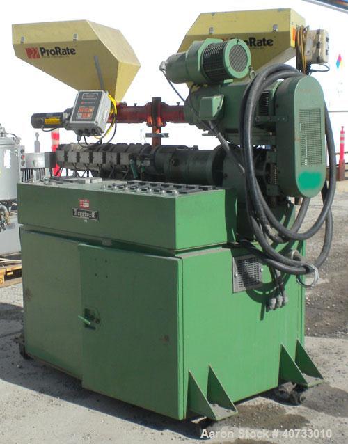 Used Berstorff 25mm Twin Screw Extruder, Model ZE25, Co-Rotating Side by Side Screw Design. Approximate 28 to 1 L/D ratio. 6 barrel sections (3) vented, electrically heated, air cooled, 1 feed sectio...