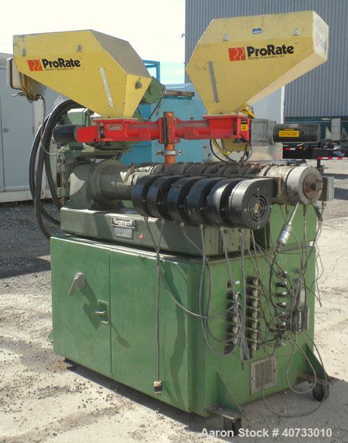 Used Berstorff 25mm Twin Screw Extruder, Model ZE25, Co-Rotating Side by Side Screw Design. Approximate 28 to 1 L/D ratio. 6 barrel sections (3) vented, electrically heated, air cooled, 1 feed sectio...