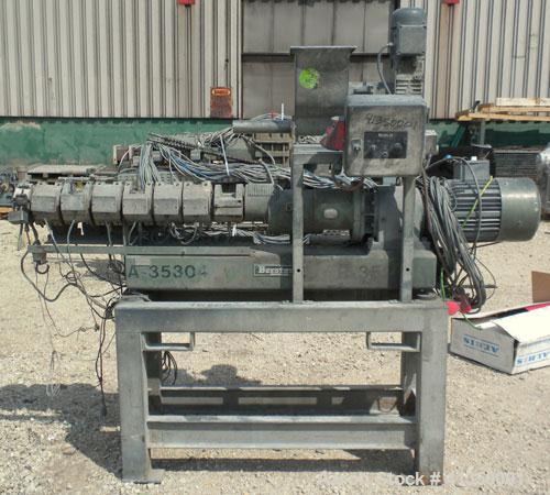 Used Berstorff 25mm Twin Screw Extruder, type ZE25, co-rotating intermeshing side by side screw design. Approximate 33 to 1 L/D ratio. 6 barrel sections, 1 feed section with a top mounted K-Tron type...