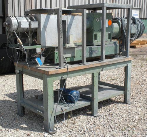 Used Berstorff 25mm Twin Screw Extruder, type ZE25, co-rotating intermeshing side by side screw design. Approximate 38 to 1 L/D ratio. 7 barrel sections, 1 feed section, (1) 2 hole strand die. Electr...