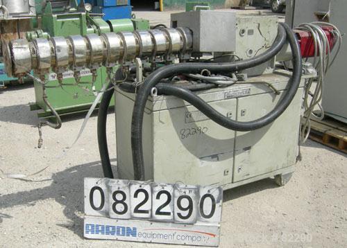 Used Berstorff Lab Size Twin Screw Extruder, Type ZE25. 25 mm screws. 33:1 L/D. Side by side, co-rotating, 11 barrel sections, electrically heated. Max screw speed 550 rpm by a 9/10/11 kW, 3 ph/52/60...
