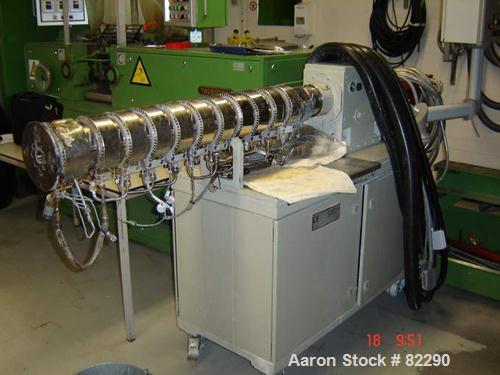 Used Berstorff Lab Size Twin Screw Extruder, Type ZE25. 25 mm screws. 33:1 L/D. Side by side, co-rotating, 11 barrel sections, electrically heated. Max screw speed 550 rpm by a 9/10/11 kW, 3 ph/52/60...