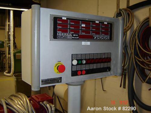 Used Berstorff Lab Size Twin Screw Extruder, Type ZE25. 25 mm screws. 33:1 L/D. Side by side, co-rotating, 11 barrel sections, electrically heated. Max screw speed 550 rpm by a 9/10/11 kW, 3 ph/52/60...