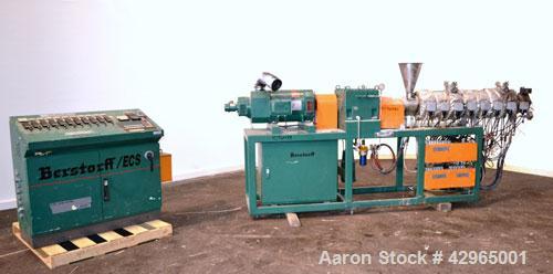 Used Berstorff 40mm Twin Screw Extruder, Type ZE40A, Co-Rotating Intermeshing Side By Side Screw Design. Approximate 36 to 1 L/D ratio. 8 barrel sections ( 2 vented), 1 feed section with hopper, (1) ...