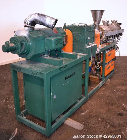 Used Berstorff 40mm Twin Screw Extruder, Type ZE40A, Co-Rotating Intermeshing Side By Side Screw Design. Approximate 36 to 1 L/D ratio. 8 barrel sections ( 2 vented), 1 feed section with hopper, (1) ...