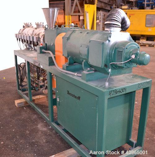 Used Berstorff 40mm Twin Screw Extruder, Type ZE40A, Co-Rotating Intermeshing Side By Side Screw Design. Approximate 36 to 1 L/D ratio. 8 barrel sections ( 2 vented), 1 feed section with hopper, (1) ...