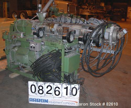 USED: Berstoff twin screw extruder, model ZE40. 40mm screw diameter, approx 40:1 L/D ratio, co-rotating screw design. 11 zone vented, electrically heated, air cooled barrel. Water cooled feed with ho...