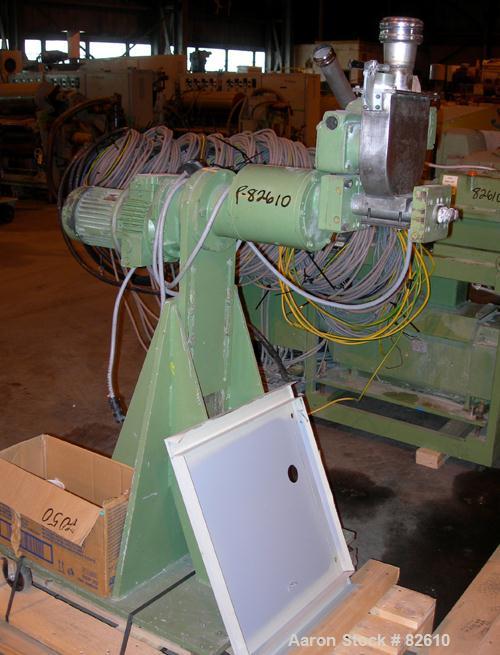USED: Berstoff twin screw extruder, model ZE40. 40mm screw diameter, approx 40:1 L/D ratio, co-rotating screw design. 11 zone vented, electrically heated, air cooled barrel. Water cooled feed with ho...