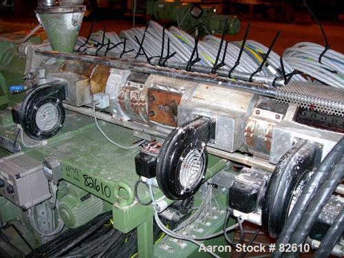USED: Berstoff twin screw extruder, model ZE40. 40mm screw diameter, approx 40:1 L/D ratio, co-rotating screw design. 11 zone vented, electrically heated, air cooled barrel. Water cooled feed with ho...